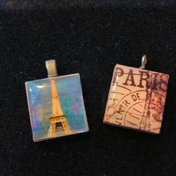 2 for $20 Pair of Paris Themed Scrabble Tile Pendants - Picture 1 of 8